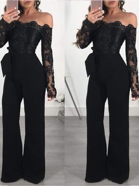 Off-Shoulder Lace Bodice Black Jumpsuit